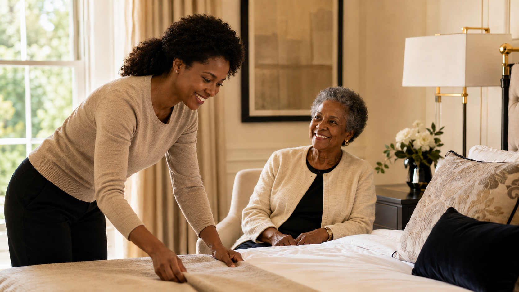 Caregiver assisting a person in a wheelchair at home, showing the warm and supportive attendant relationship