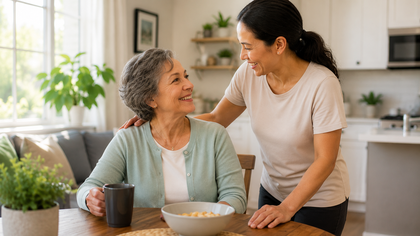 Adult family member and caregiver sharing a warm moment at home