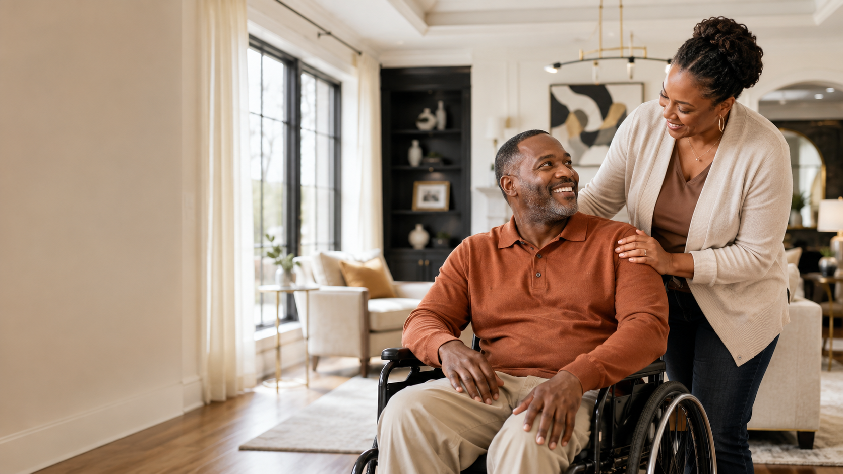 Adult with physical disability enjoying an active, independent life outdoors with a trusted caregiver